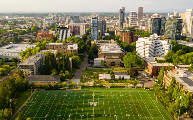 A photo of PSU campus taken overhead showing off the outdoor playing field.
