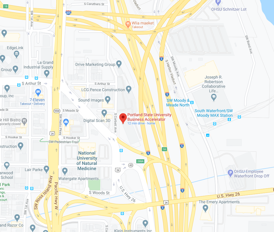 Google Maps Location for Portland State Business Accelerator at 2828 S. Corbett Avenue, Portland OR 97201