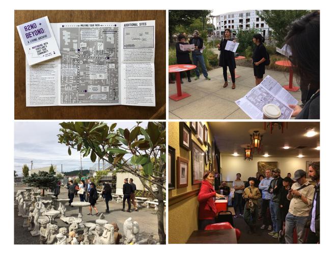 Collage of four images: Map and groups of participants visiting sites from the map, from the project 82nd and Beyond