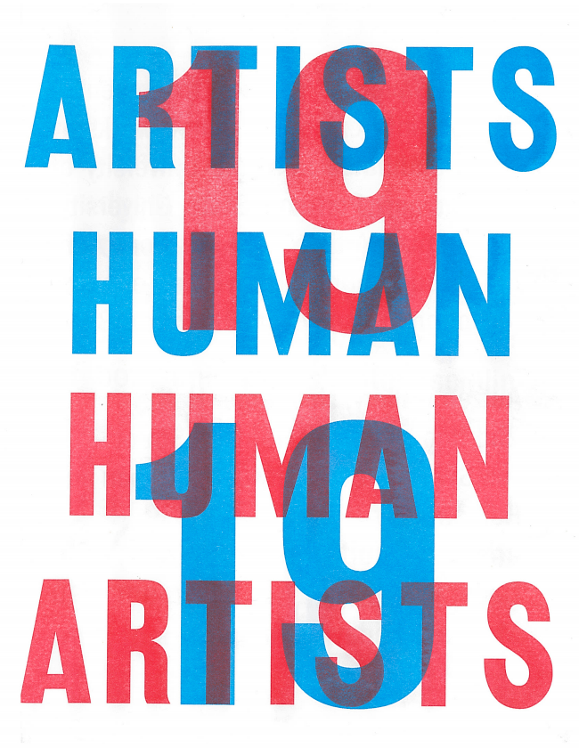 Cover of the publication 19 Human Artists with title printed in red and blue overlapping text