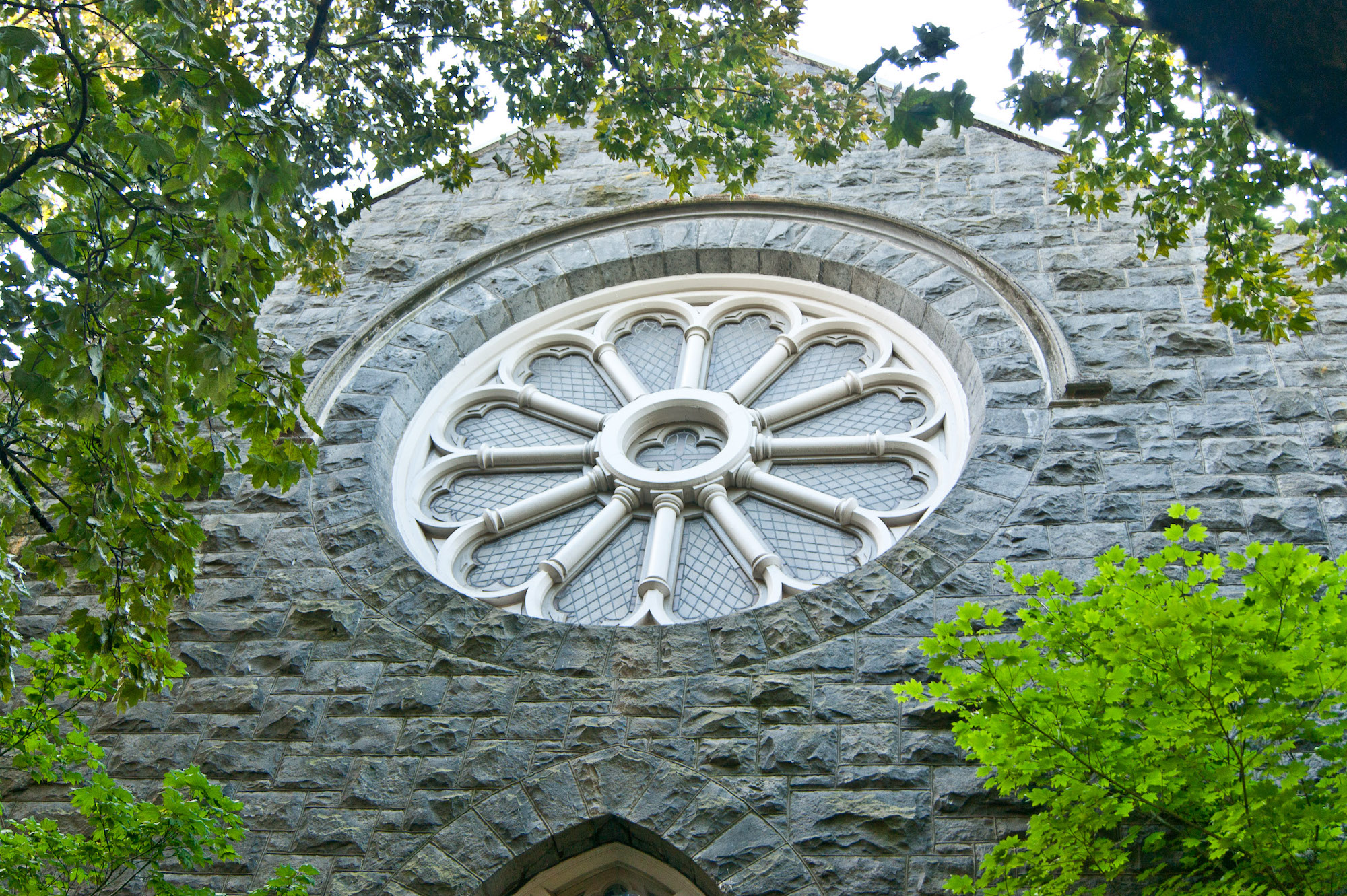 Gothic style rose window on Portland's Trinity Episcopal Church