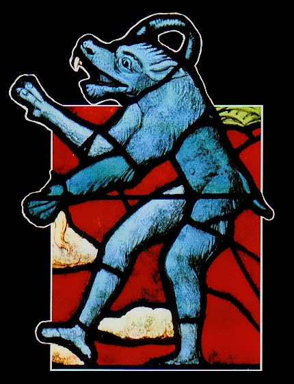 Werewolf depicted in stained glass from Notre Dame Cathedral, Paris.