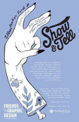 Poster for a Show and Tell event featuring a drawing of a hand and the Show and Tell logo
