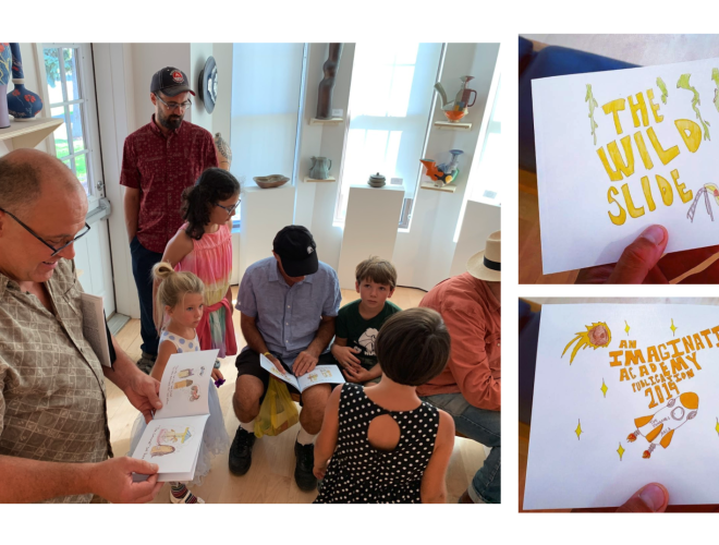 Collage of three images featuring the release party of a child artist's publication.