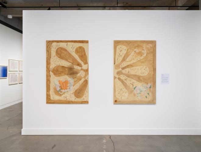 Installation view of two textile works by Gigi Woolery.