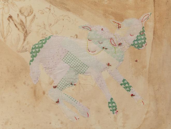 Detail of textile work by Gigi Woolery showing a two-headed lamb.