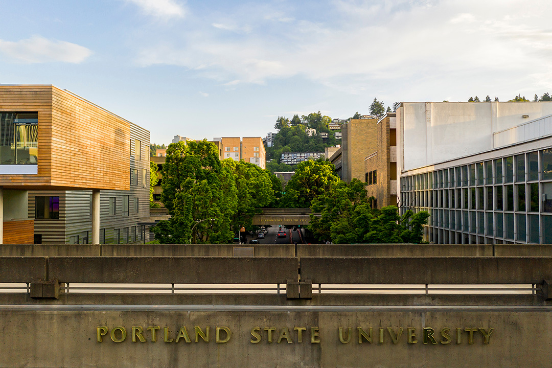 Portland State University Sign on Skybridge