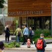 A group of students walking past the Karl Miller Center.