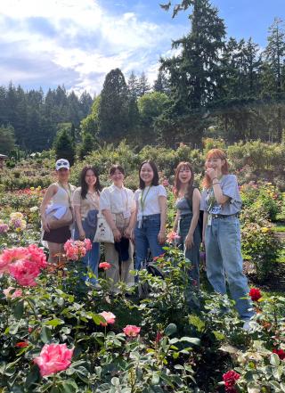 Students visiting the Rose Garden