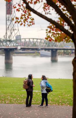 Students standing in park near bridge