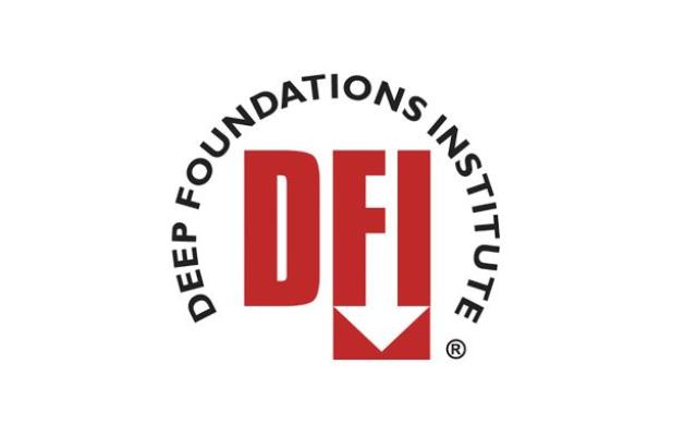 black text on a white background arches over a red "DFI" with a white arrow pointing down. The arching text reads: "Deep Foundations Institute"