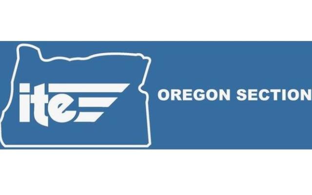 a white outline of the state of Oregon on a blue background, with the words "ITE Oregon section" laid over the graphic