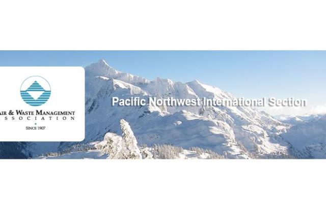 a snowy mountain top against a bright blue sky. the mountain is overlaid with text that reads: "Air and Waste Management Association since 1907, Pacific Northwest International Section"