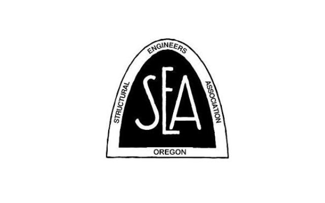 an arching black and white logo, with the words "SEA" in the middle. text around the arch reads: "Structural Engineers Association Oregon"