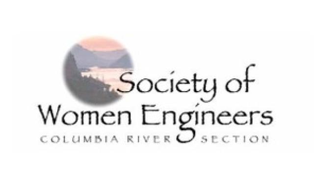 a circular graphic with a photo of the Columbia River gorge, overlaid with text reading: "Society of Women Engineers Columbia River Section"