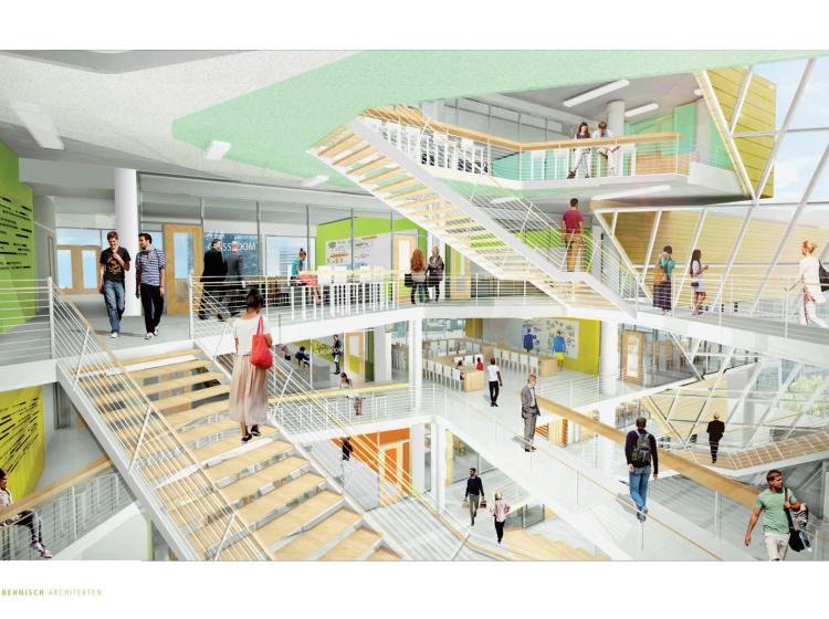 An architectural rendering of the common area and hallways overlooking from the third floor