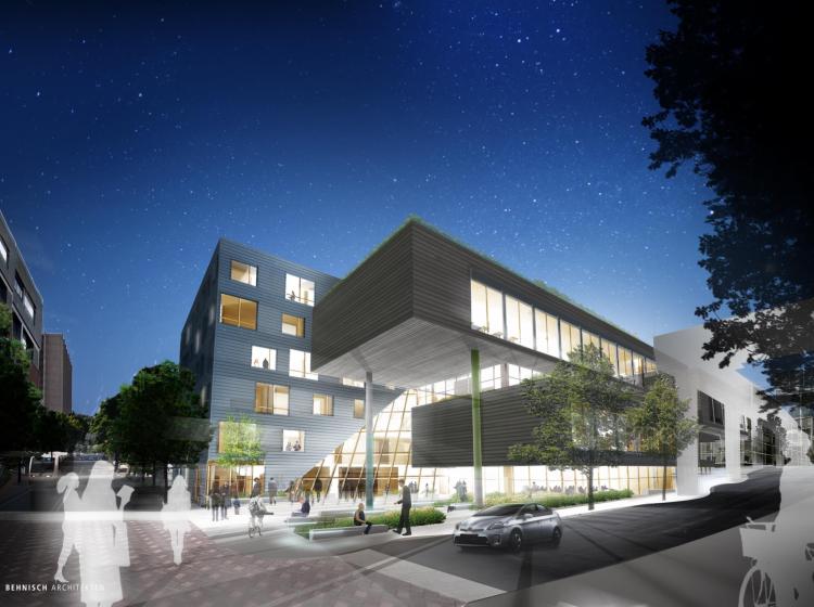 An architectural rendering of the outside of the northeast portion of the building at night