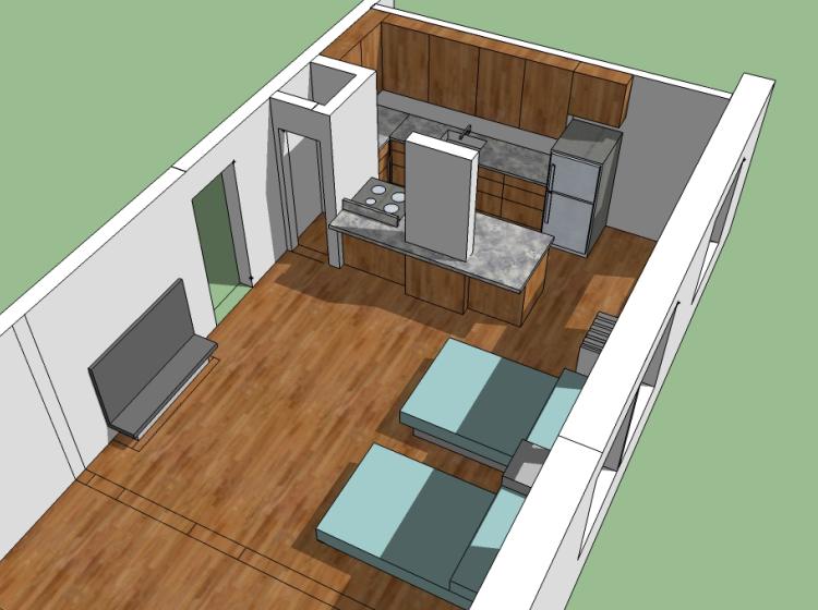 Architectural rendering of a sample layout of some studios in the Saint Helens dorm, with beds located against the right wall and a kitchen located against the north wall 