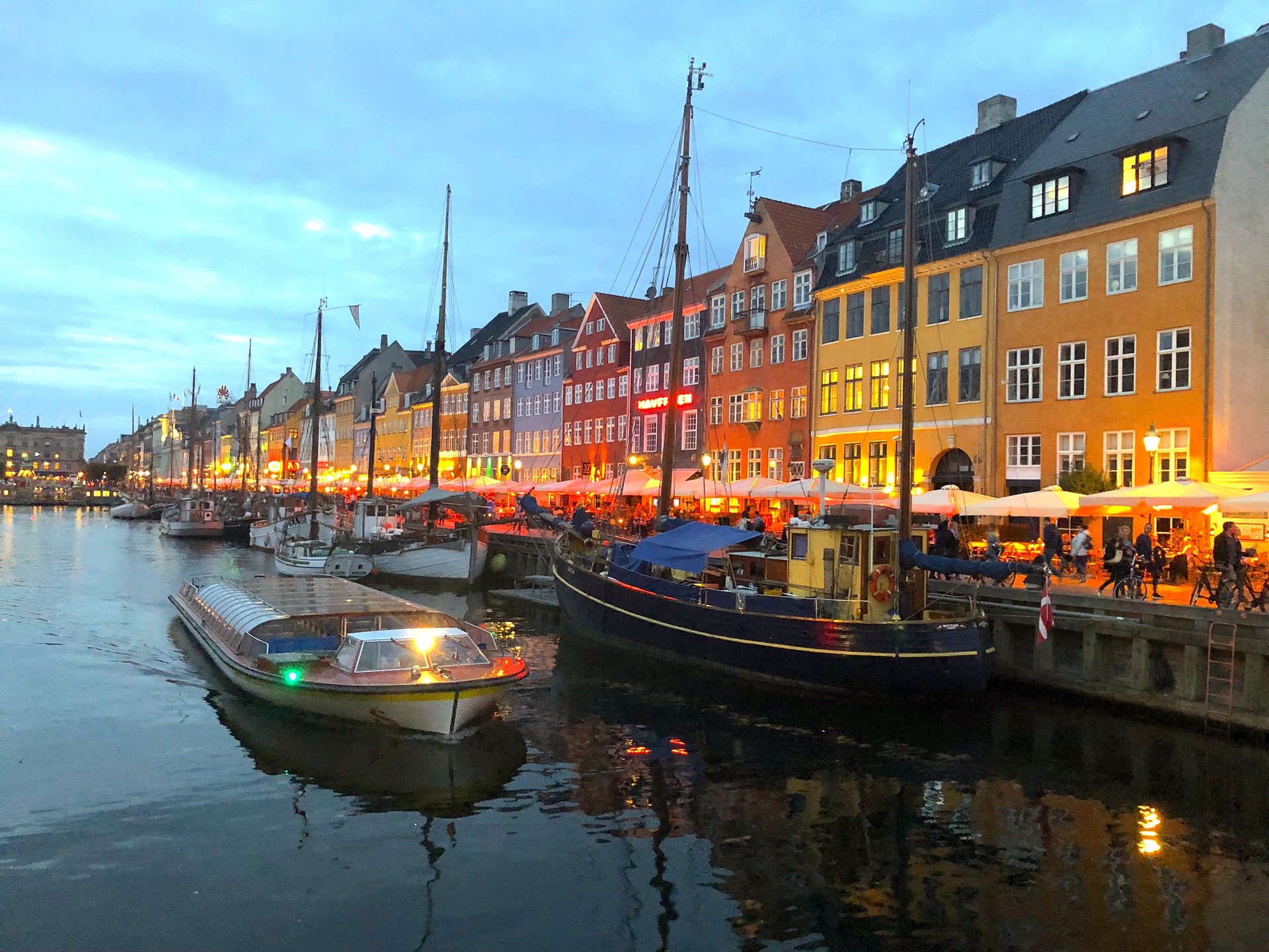 Colorful row houses in Copenhagen along a canal