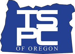 Logo for the Oregon Teacher Standards and Practices Commission (TSPC). The abbreviation is knocked out in white against a blue background in the shape of the state of Oregon.