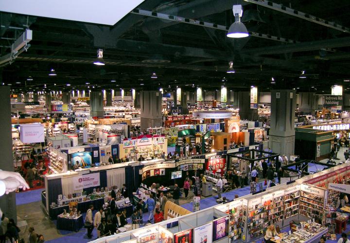 An overview of many booths at a publishing event.