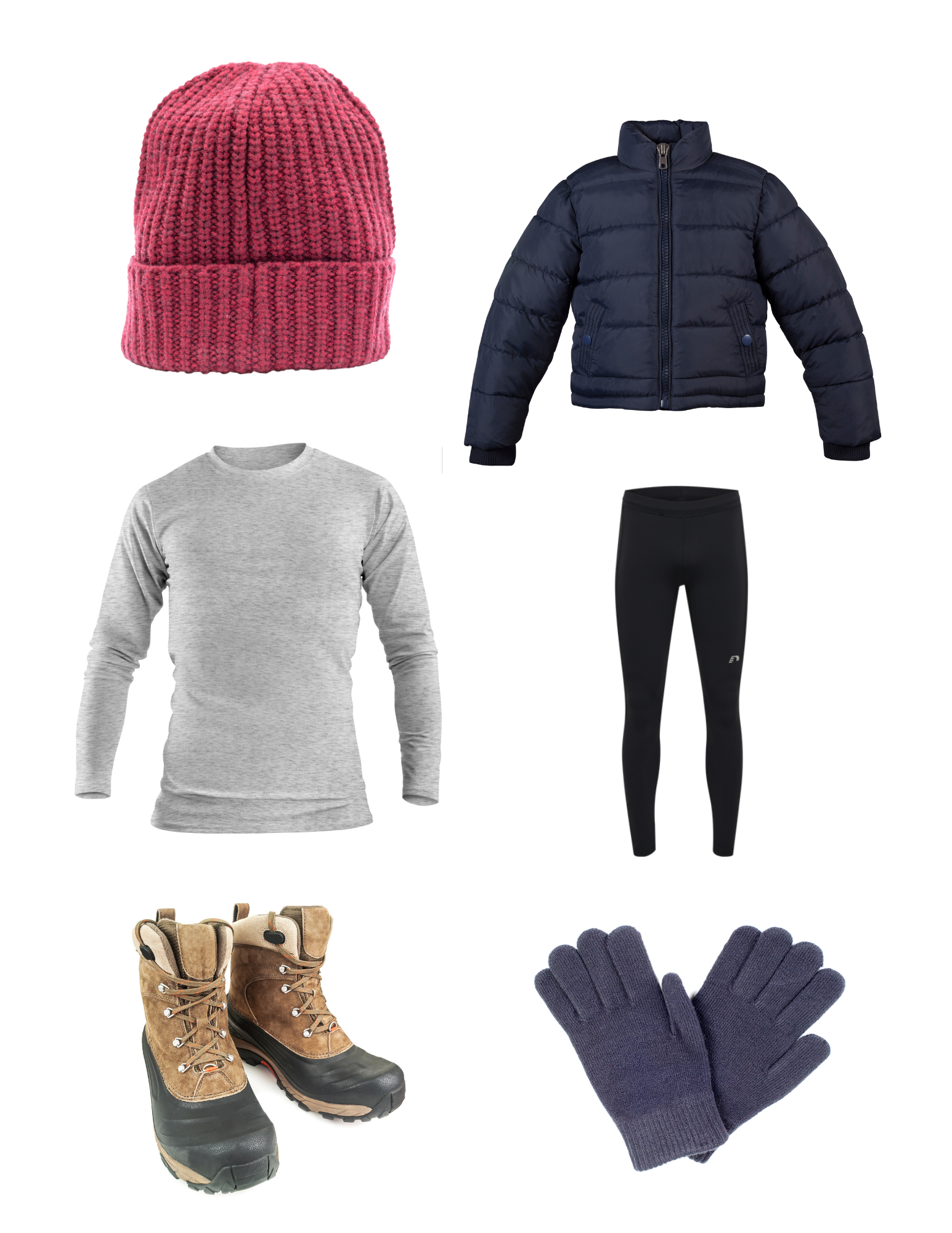 Cold weather clothing like gloves, hats, and layering