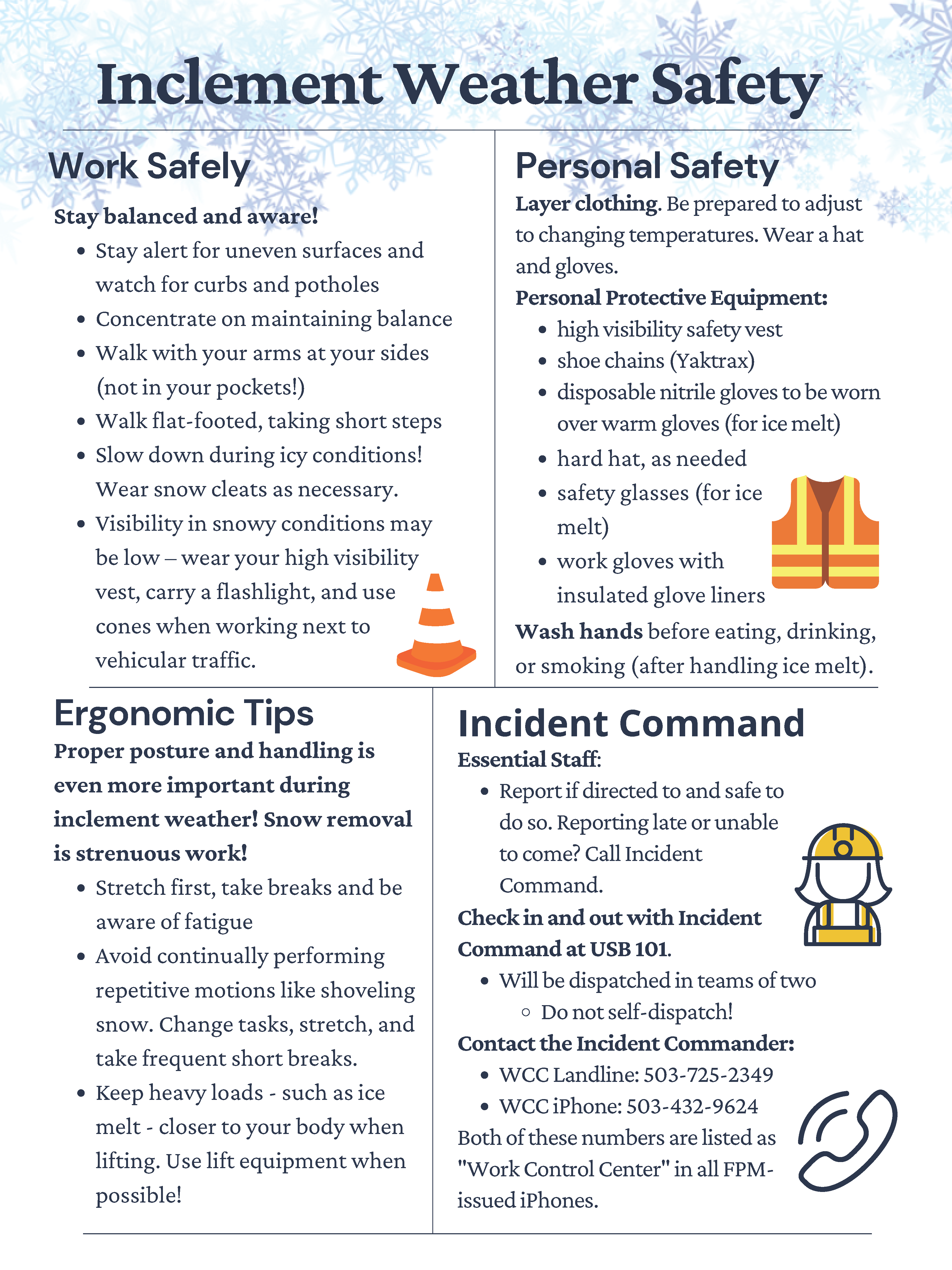 Inclement weather poster with tips and instructions for employees