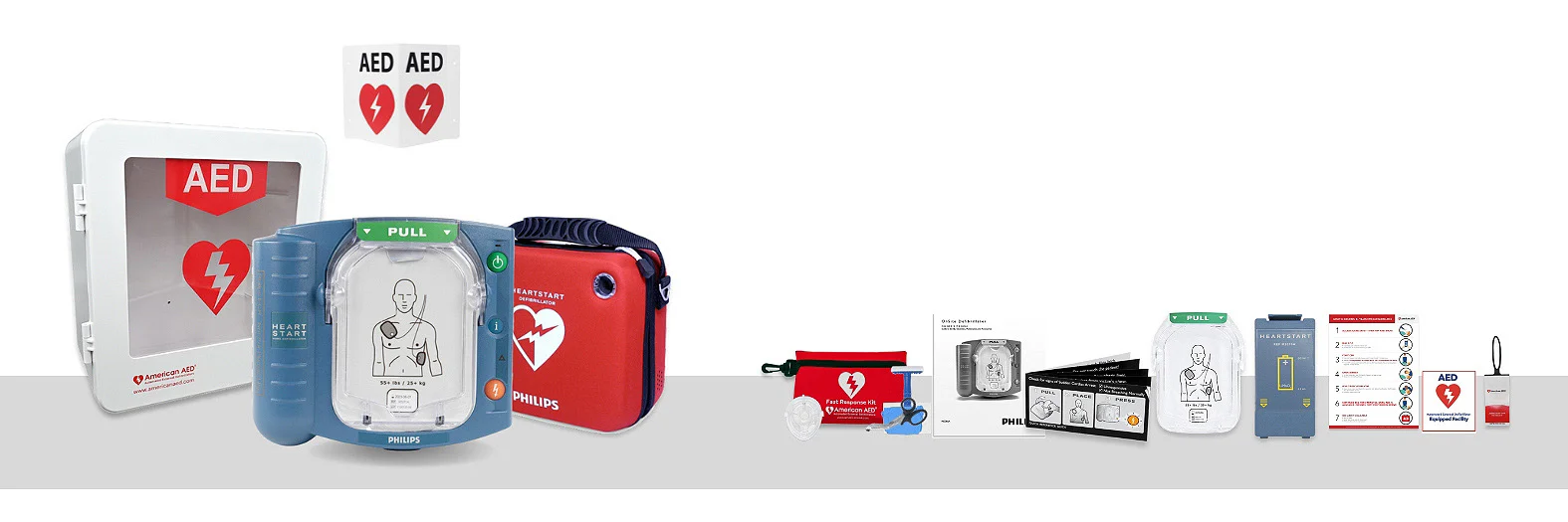 Banner showing an AED kit and its contents