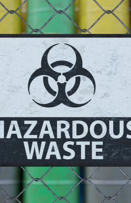 A sign on a fence with a hazard symbol and the words Hazardous Waste