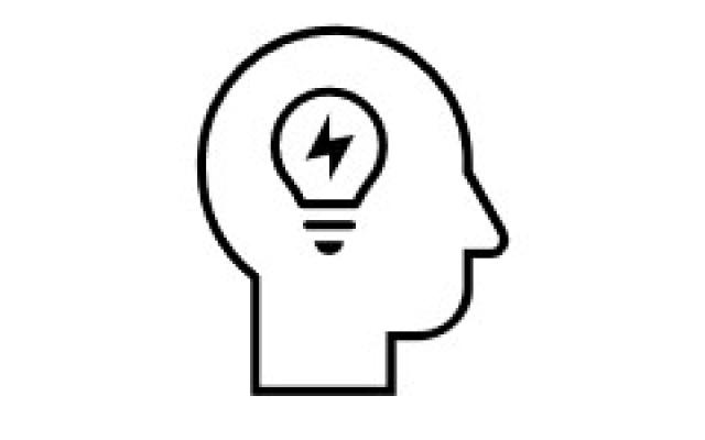 Outline of the side of a face with a lightbul in the center. In the center of the lightbulb is an electrical bolt hazard symbol.