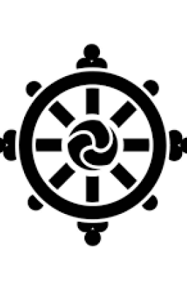 A black outline of a boat's wheel