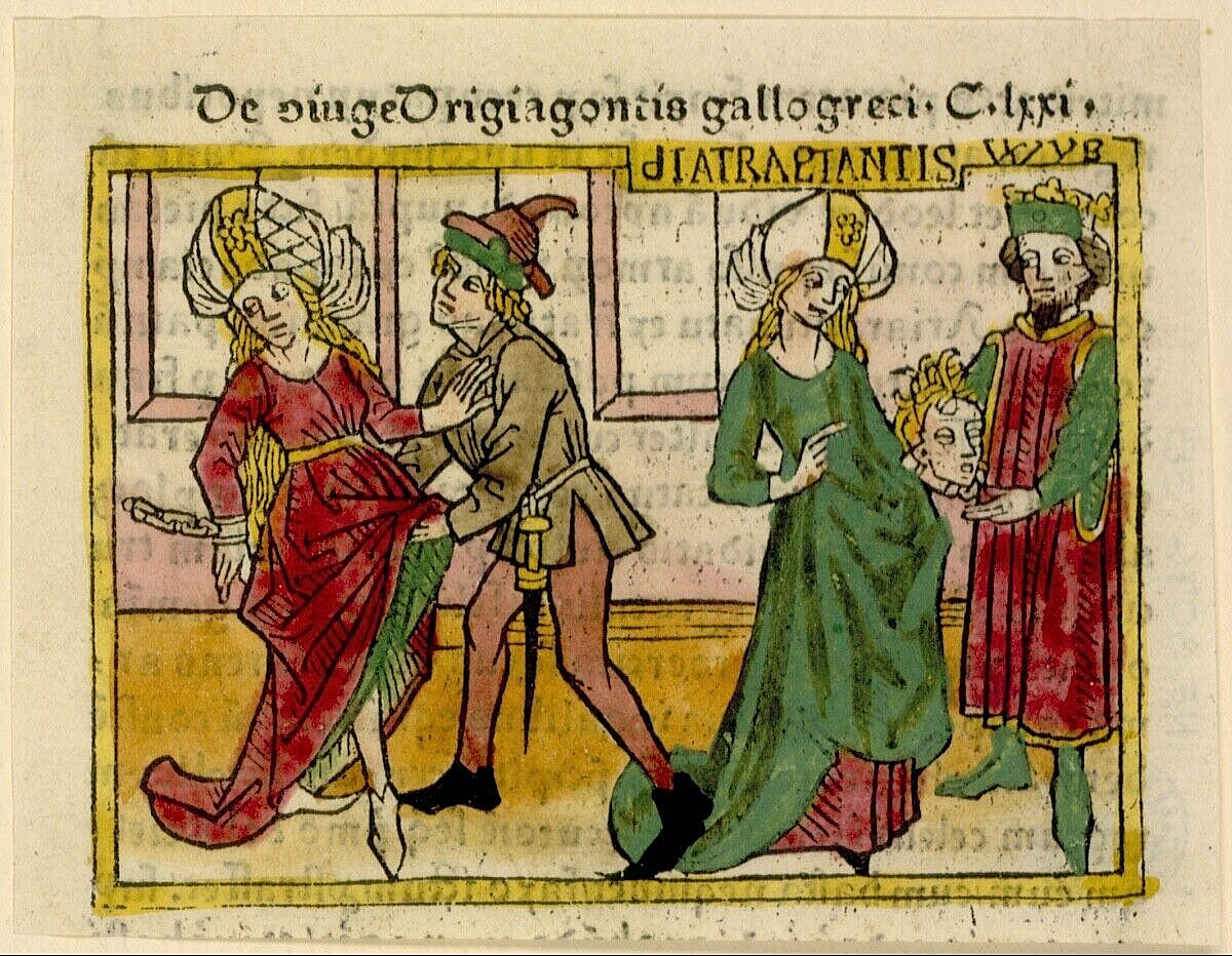 Chiomara, presenting her husband with the head of the Roman centurion who raped her; woodcut attributed to Johannes Zainer, ca. 1474