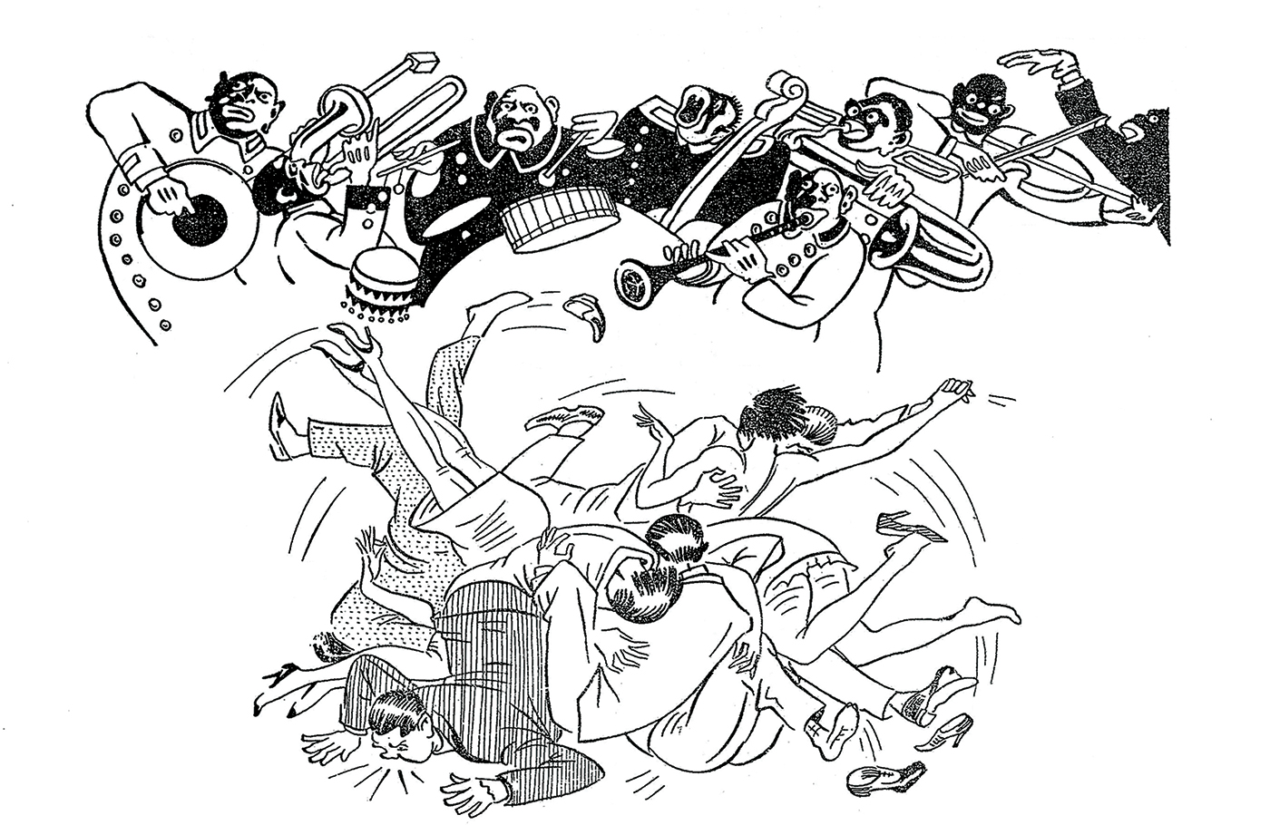 Black and white Cartoon of jazz musicians and dancers from Resimli Persembe no 89 3 February 1927