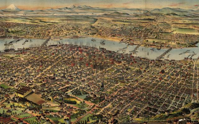Woods map of Portland Oregon and Willamette River in 1890
