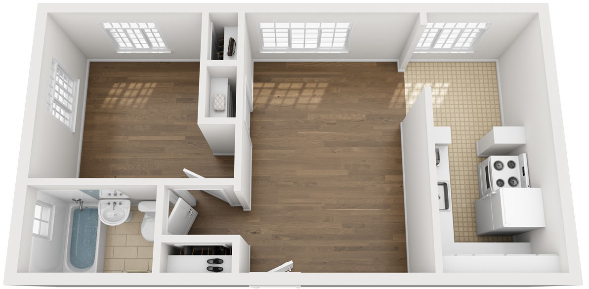 3D Floor Plan of Unfurnished One Bedroom
