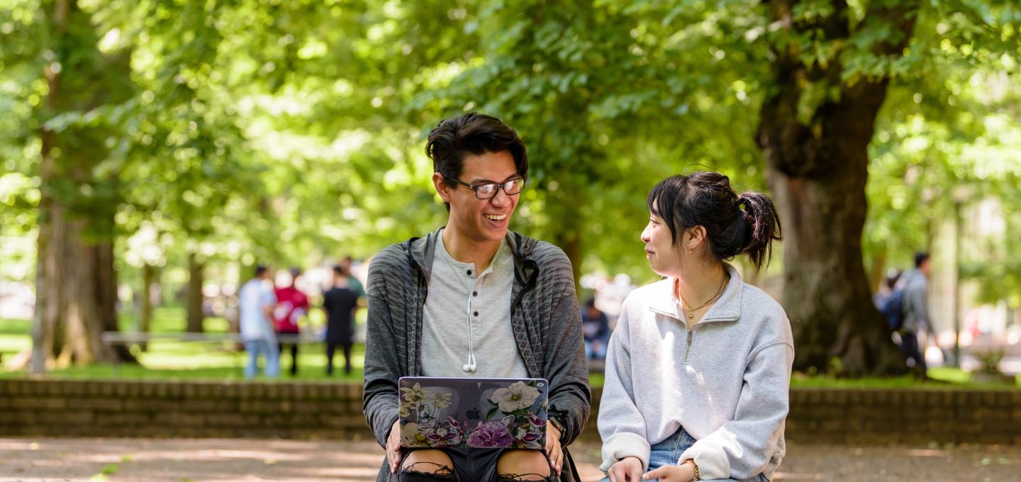 Students using computer on Park Blocks
