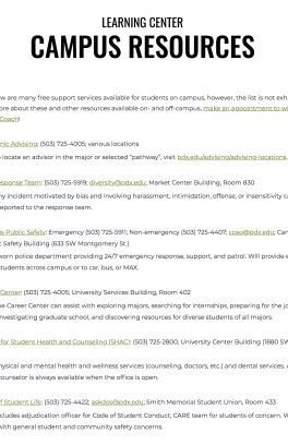 Screenshot of the Learning Center campus resource list