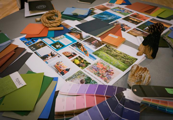 Samples of design materials laid out on table
