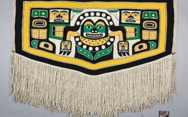 A Chilkat robe titled Frog Coming Out Naaxein by Jennie Thlunaut, ca. 1930s. 