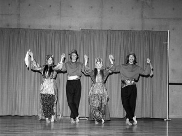 Four Turkish dancers rehearsing for an event at PSU, 1971.