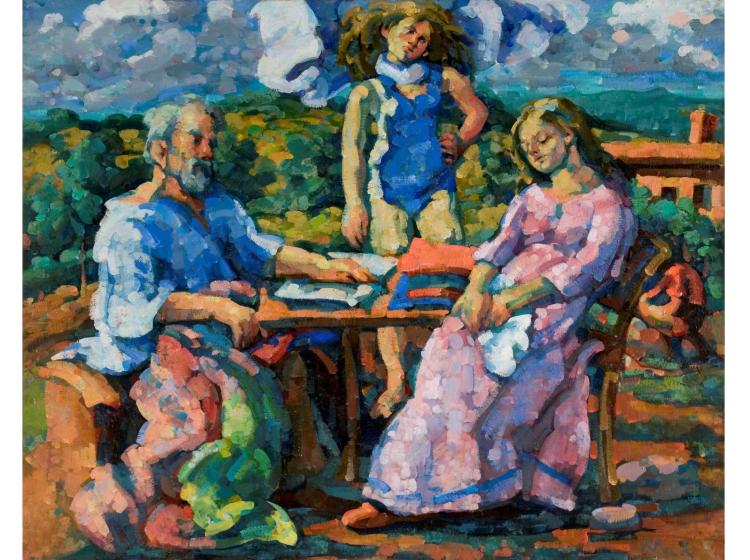 A colorful, impressionistic painting with three figures around an outdoor table, two seated and one standing