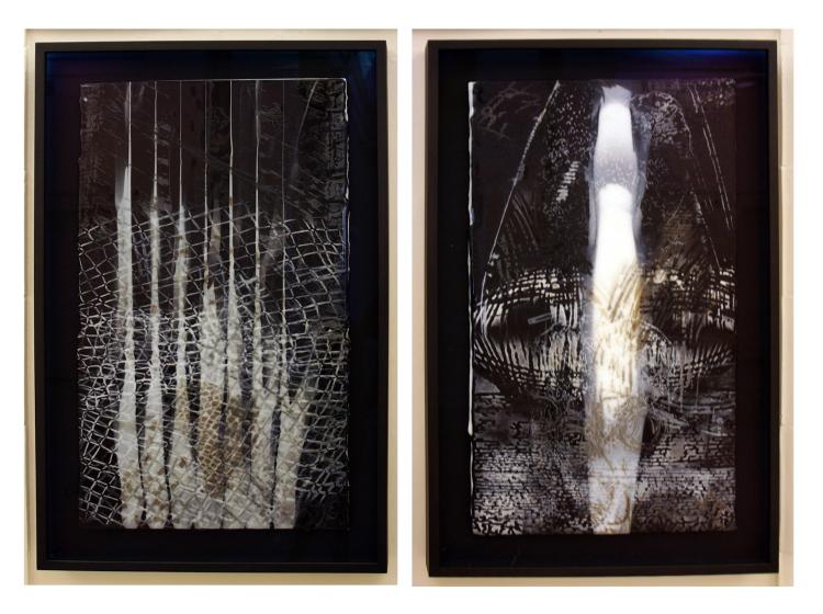 Two images appear side by side, separated by white space. Both images are vertically oriented, framed abstract artworks in mostly black and white, with imagery reminiscent of photo negatives