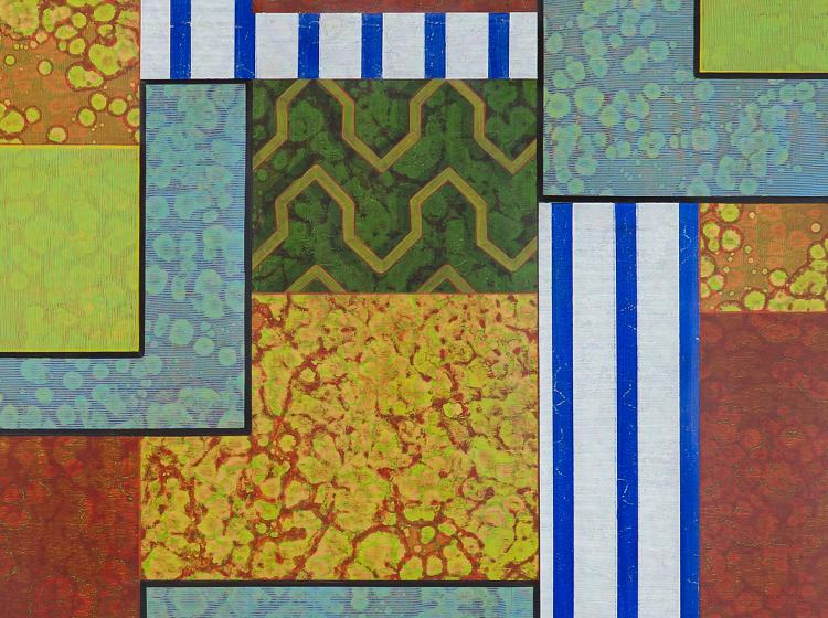 Close-up of a portion of the painting, an abstract composition of geometric shapes with varying patterns, in predominantly green, red, orange and blue