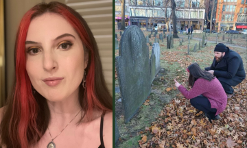 Left- Photo of a woman with red hair. Right- the same woman researching a graveyard.