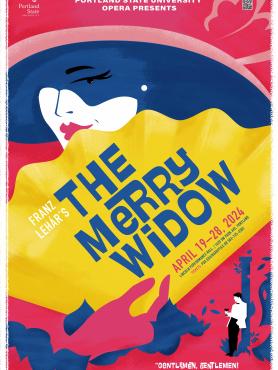 Poster for PSU Opera's The Merry Widow. Image of a woman's face behind a fan under the shadow of her hat., and a man leaning against a post in a tux.
