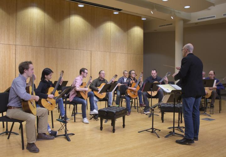 Guitar orchestra in performance