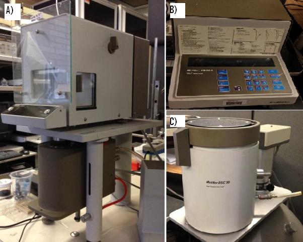 A) Computer controlled Thermo Gravimetric Analysis instrument. B) The controller for Differential Scanning Calorimeter and Thermo Gravimetric Analysis. C) Differential Scanning Calorimeter instrument