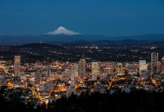 Portland Cityscape at Night (Mt Hood in Background) 