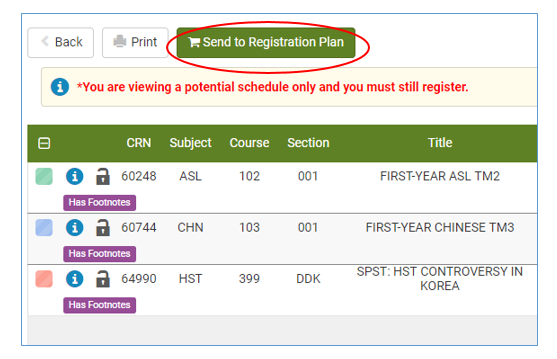 Send to registration plan from Schedule Planner