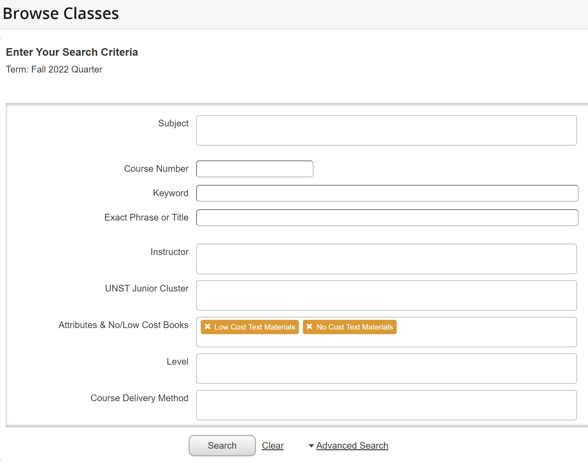 Screen shot of low and no cost course materials advanced search options